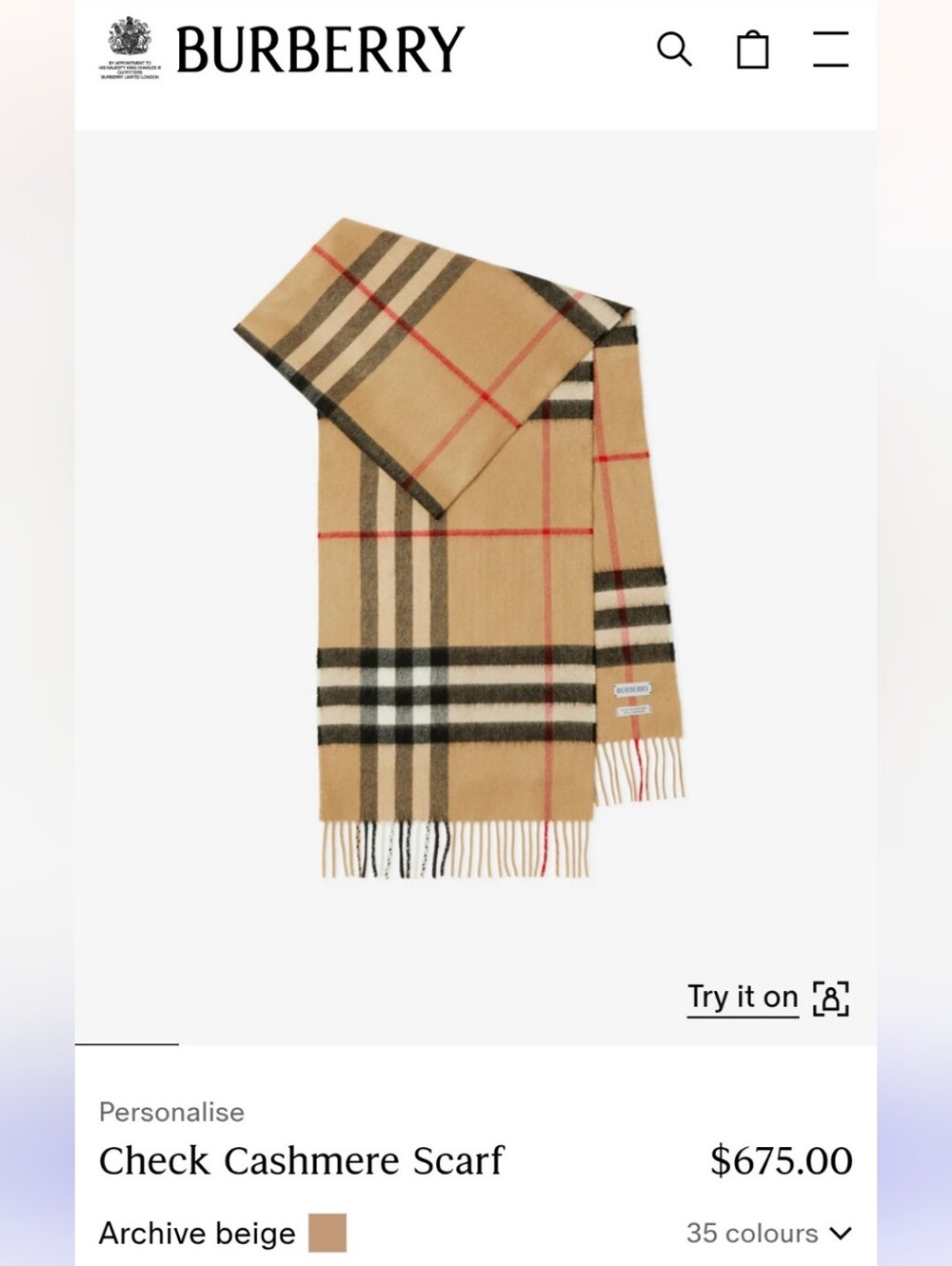 Burberry Giant Check SFA Cashmere Scarf Archive Beige 168X30 Made In Scotland
